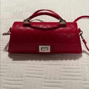 Quilted Red Leather Top-Handle Clutch with Silver Hardware